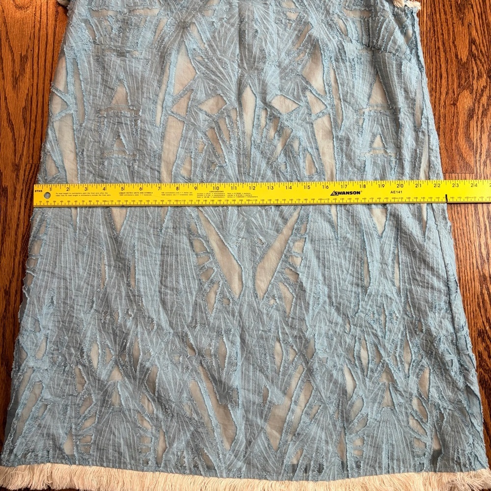 VOY Blue V-Neck Ruffle Sleeve Fringe Burnout Shift Dress Med Boho Cotton Linen - Picture 7 of 8